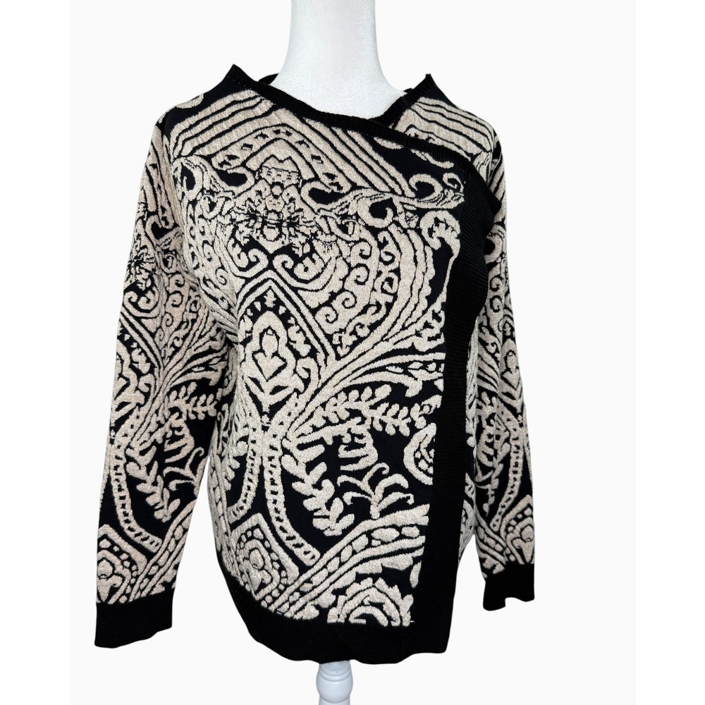 Cliché Couture Womens L Black Beige Metallic Jacquard Waterfall Cardigan Sweater